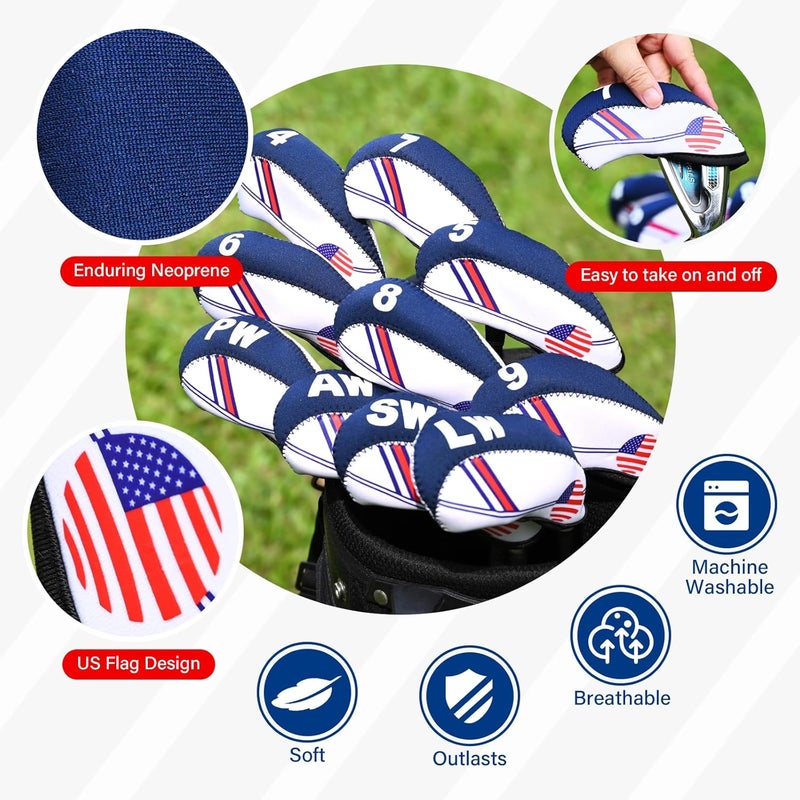 Frimon Golf Club Iron Head Covers Set, 10PCS Neoprene USA Flag Design Protective Covers for Irons - Image 3